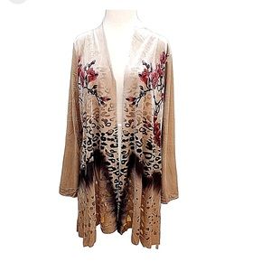 Kamana Women's XL Long Sleeve Cardigan Velvet Eyelet Leopard Brown